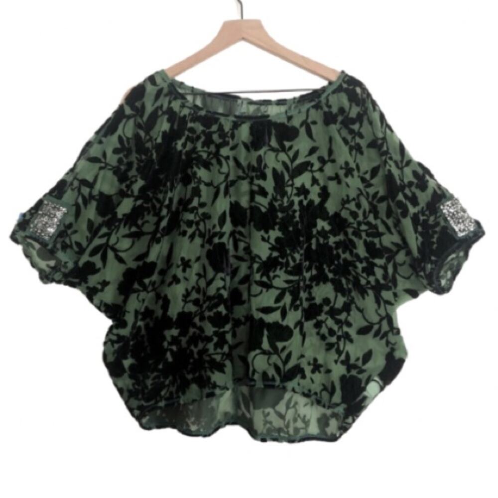 Awake Couture Green Black Velvet Velour Floral Flutter Sleeve Blouse Top Large